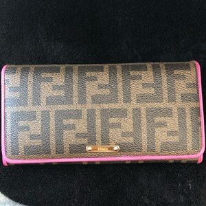 Authentic Fendi Trifold  Zucca Pink Trim Wallet